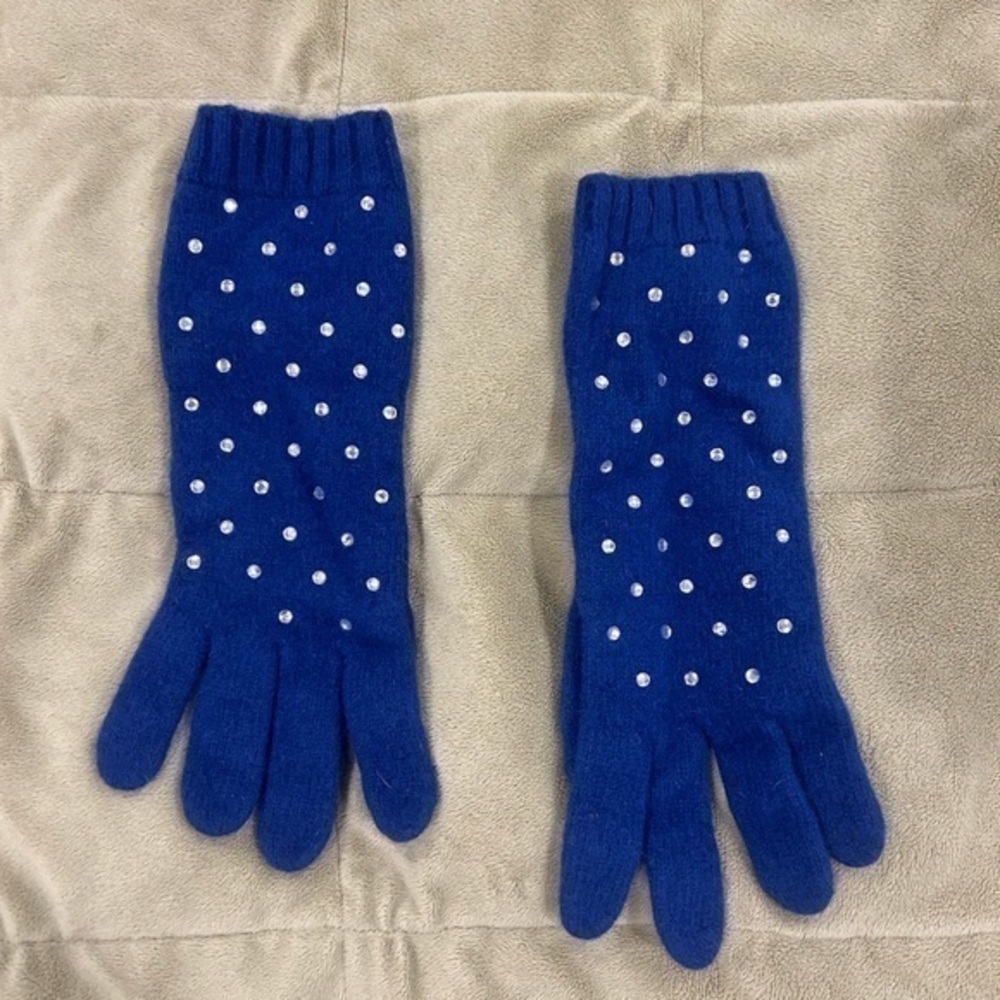 Touchscreen Blue Wool Gloves with Rhinestones